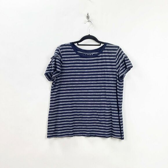 2/$30 LOFT Large Womens Blue Striped Frayed Sleeve Tee - Picture 1 of 9